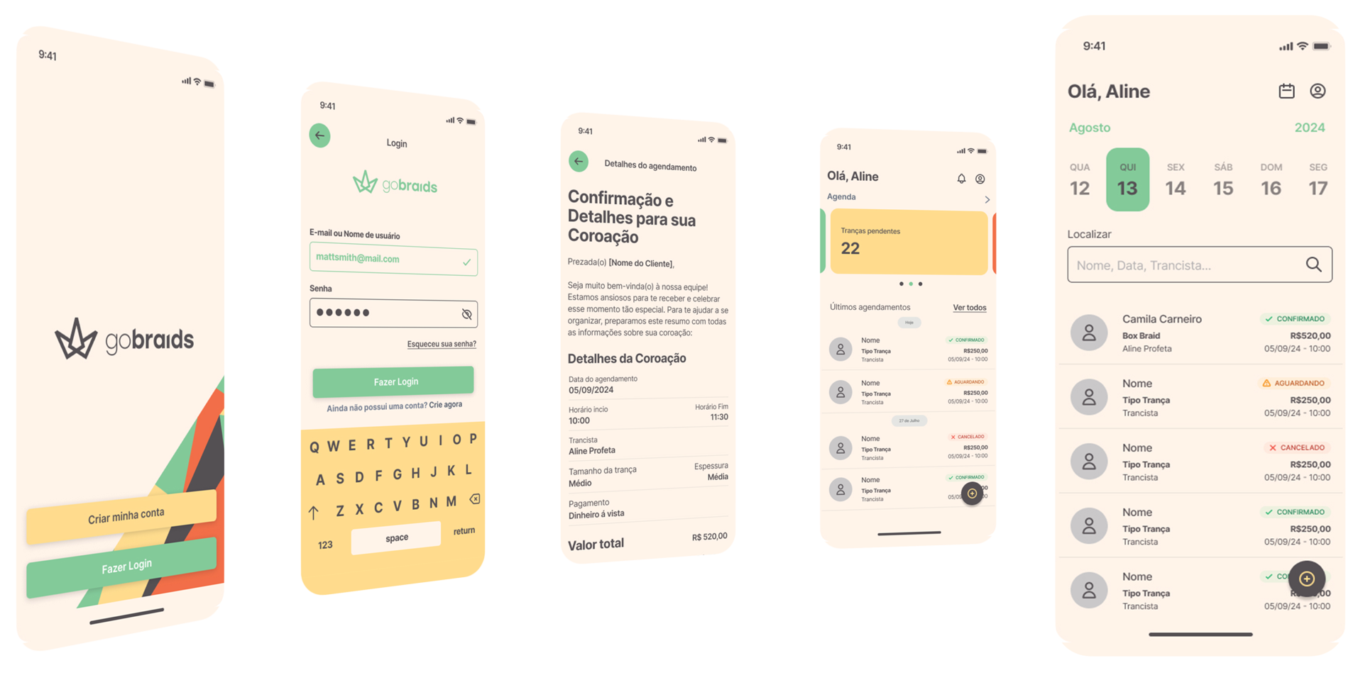 Telas do aplicativo GoBraids: login, agendamento e agenda da trancista